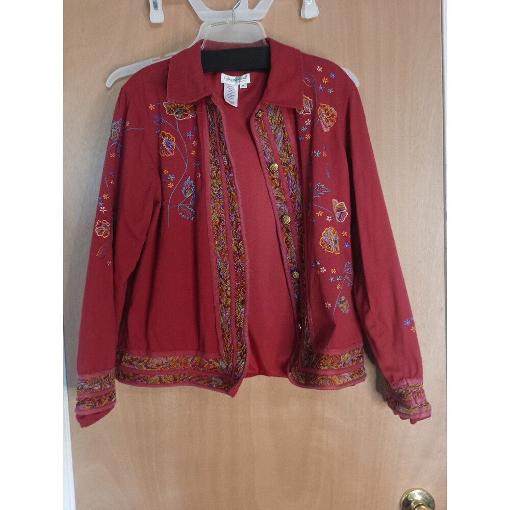 Coldwater Creek Womens's Embroiderd Flower Maroon Light Jacket - Size Medium